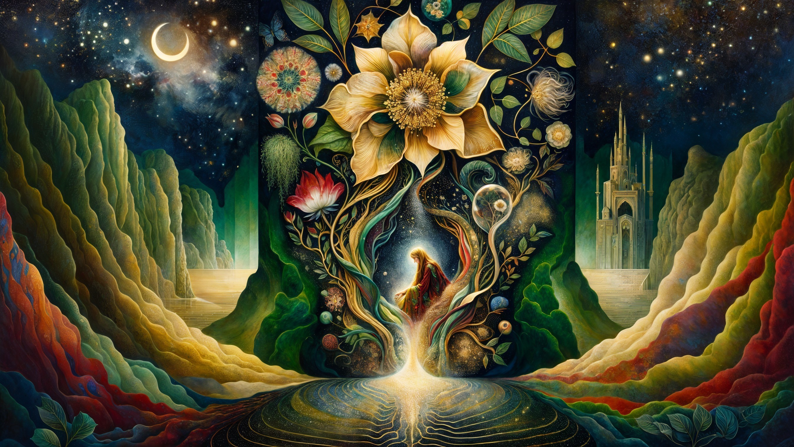 Surreal Landscape with Golden Flower and Celestial Elements