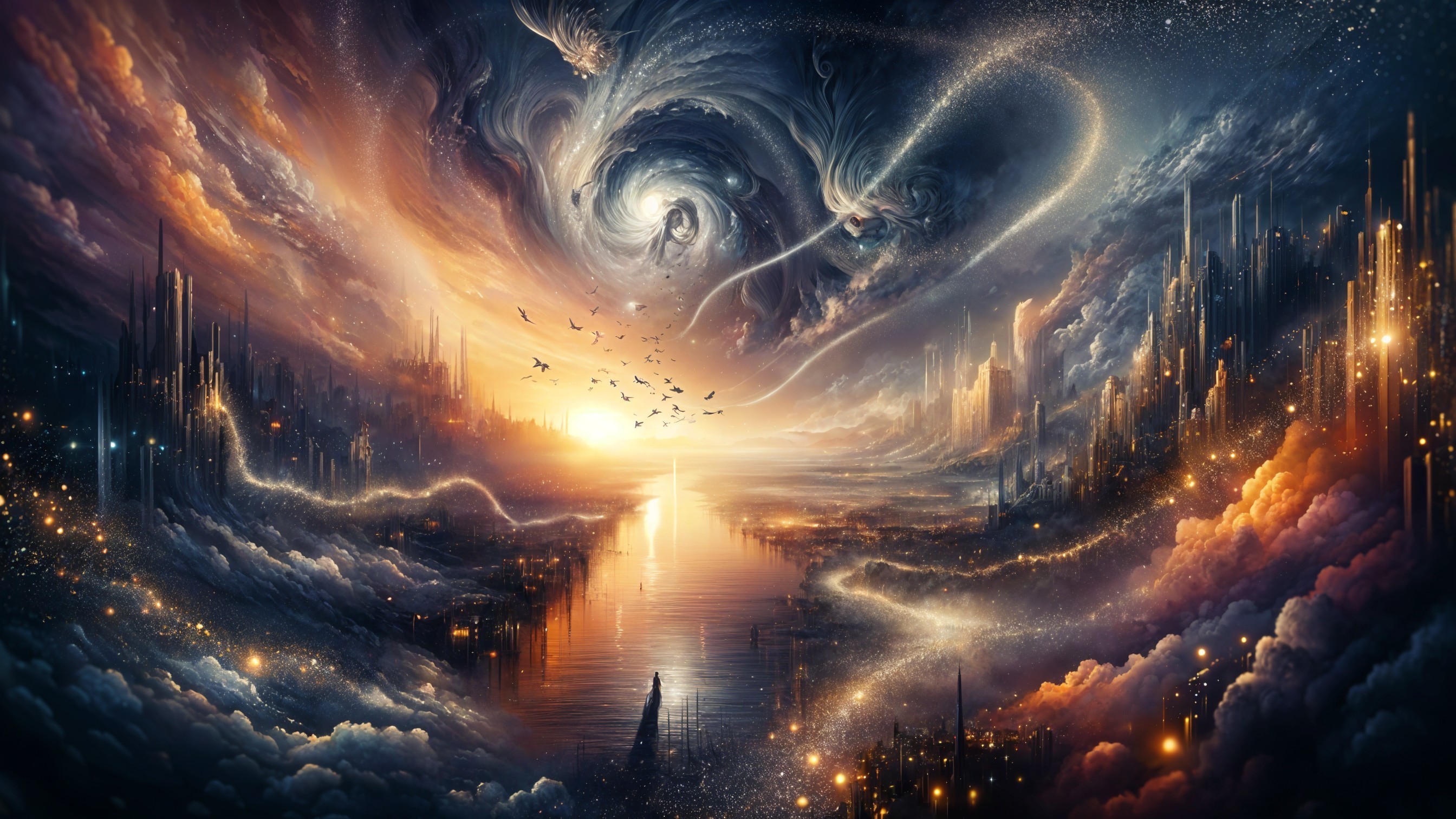 Cosmic Landscape with Twilight Colors and City Silhouettes