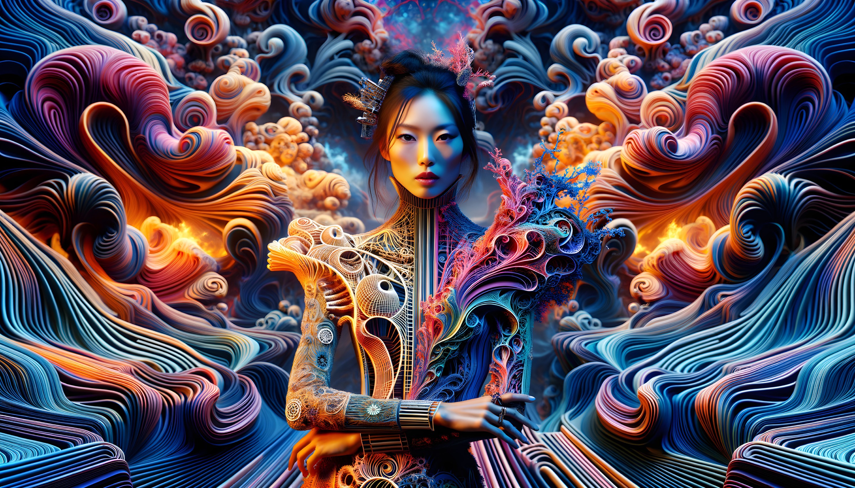 Futuristic figure with vibrant swirling background