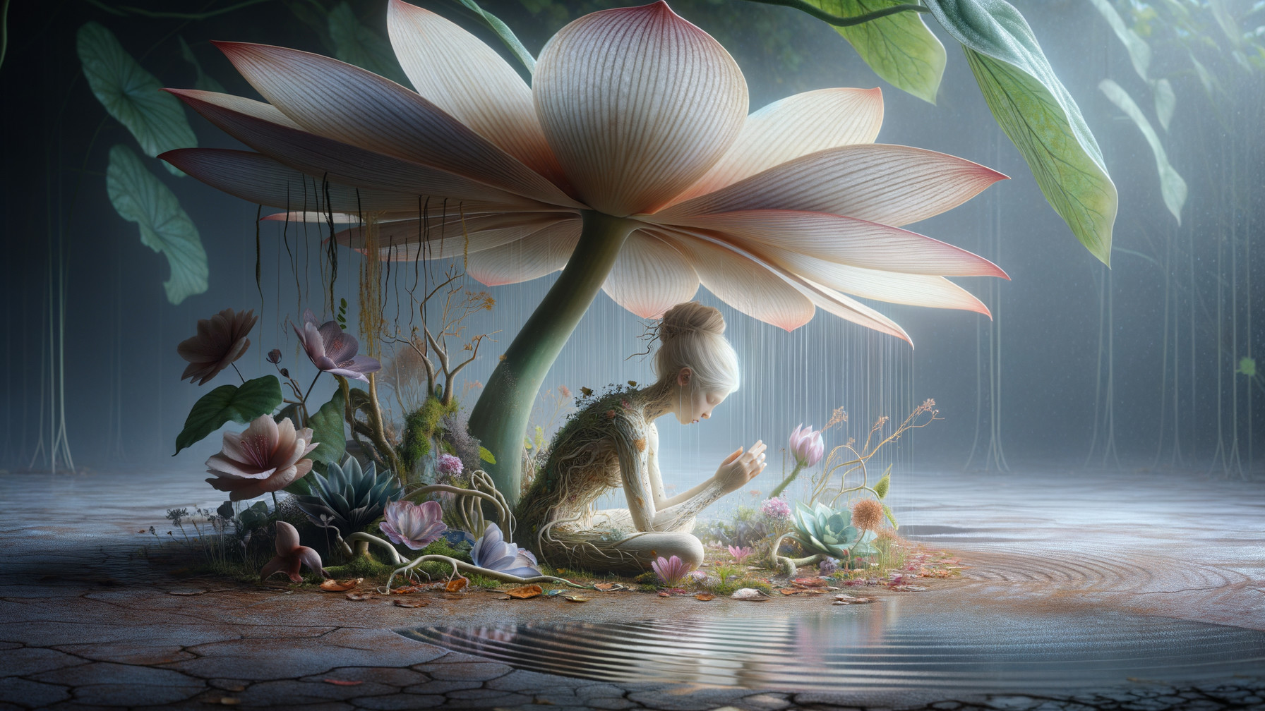 Serene Nature Scene with Lotus Flowers and Pool