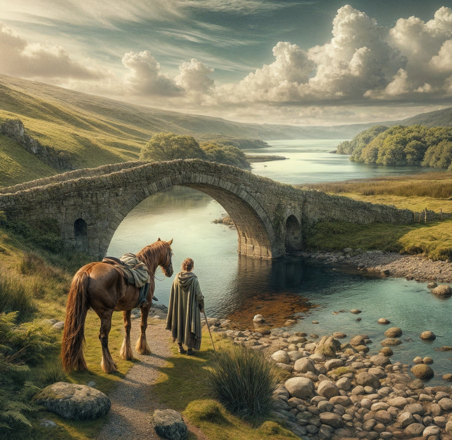 Serene landscape with river, hills, and stone bridge