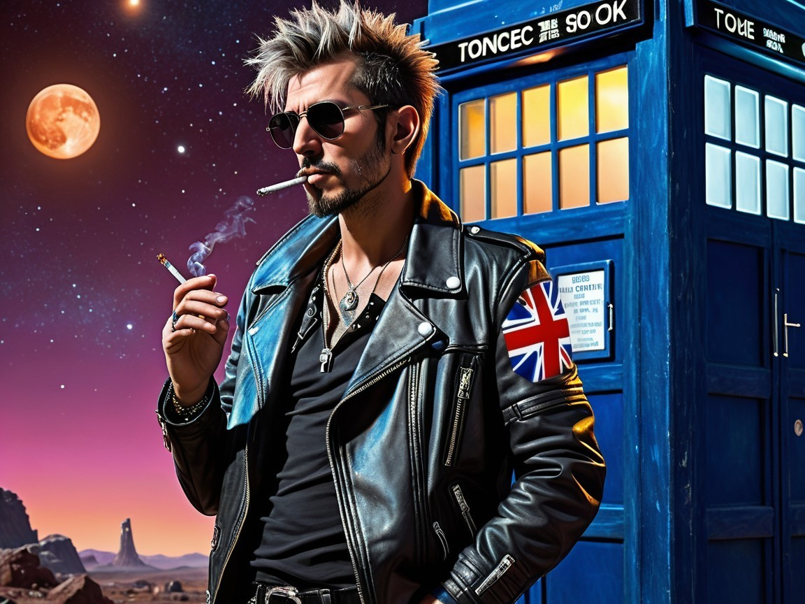 Stylish Figure by Blue Police Box Under Starry Sky
