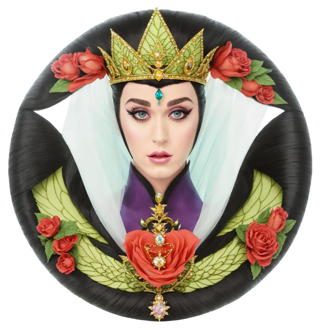 Stylized woman with crown surrounded by roses and swirly pattern