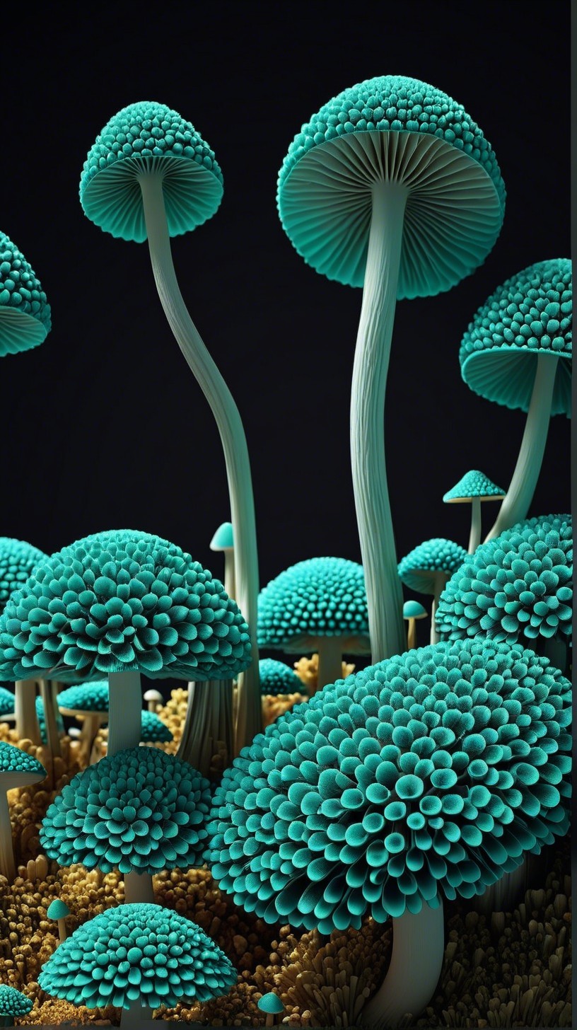 Surreal Landscape of Vibrant Turquoise Mushrooms