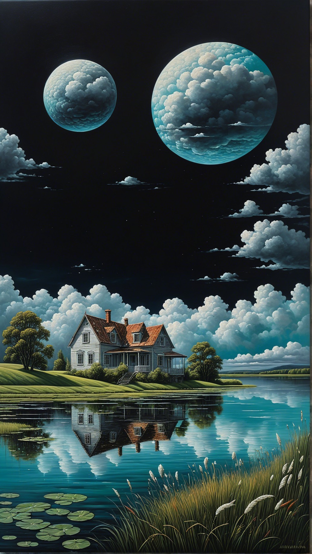 Serene landscape with house by tranquil lake and clouds