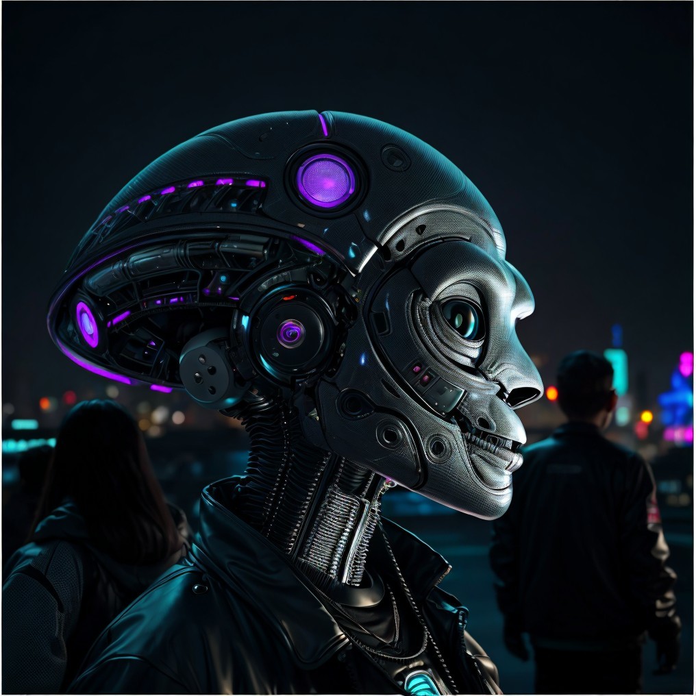 Futuristic Humanoid Robot in Nighttime Cityscape