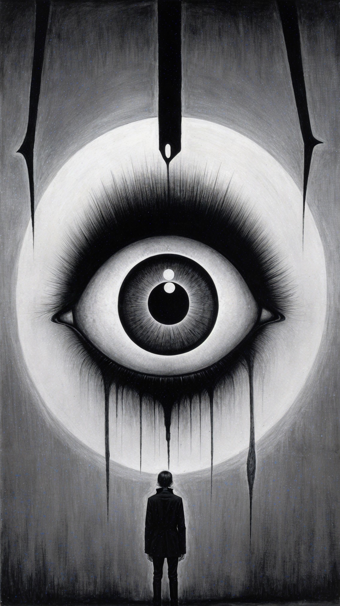 Monochromatic Artwork with Stylized Eye and Figure