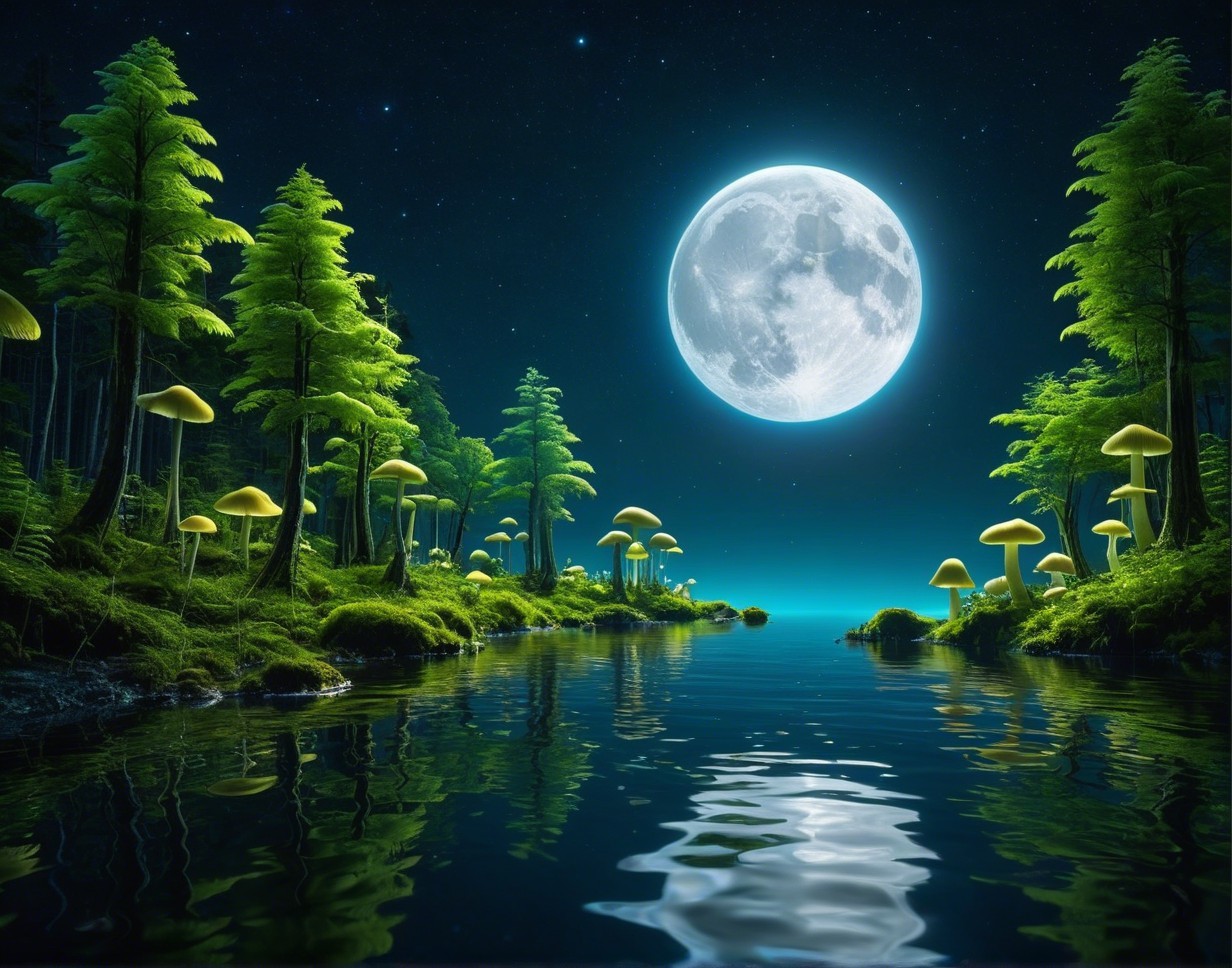 Serene Nighttime Landscape with Moonlit River and Trees