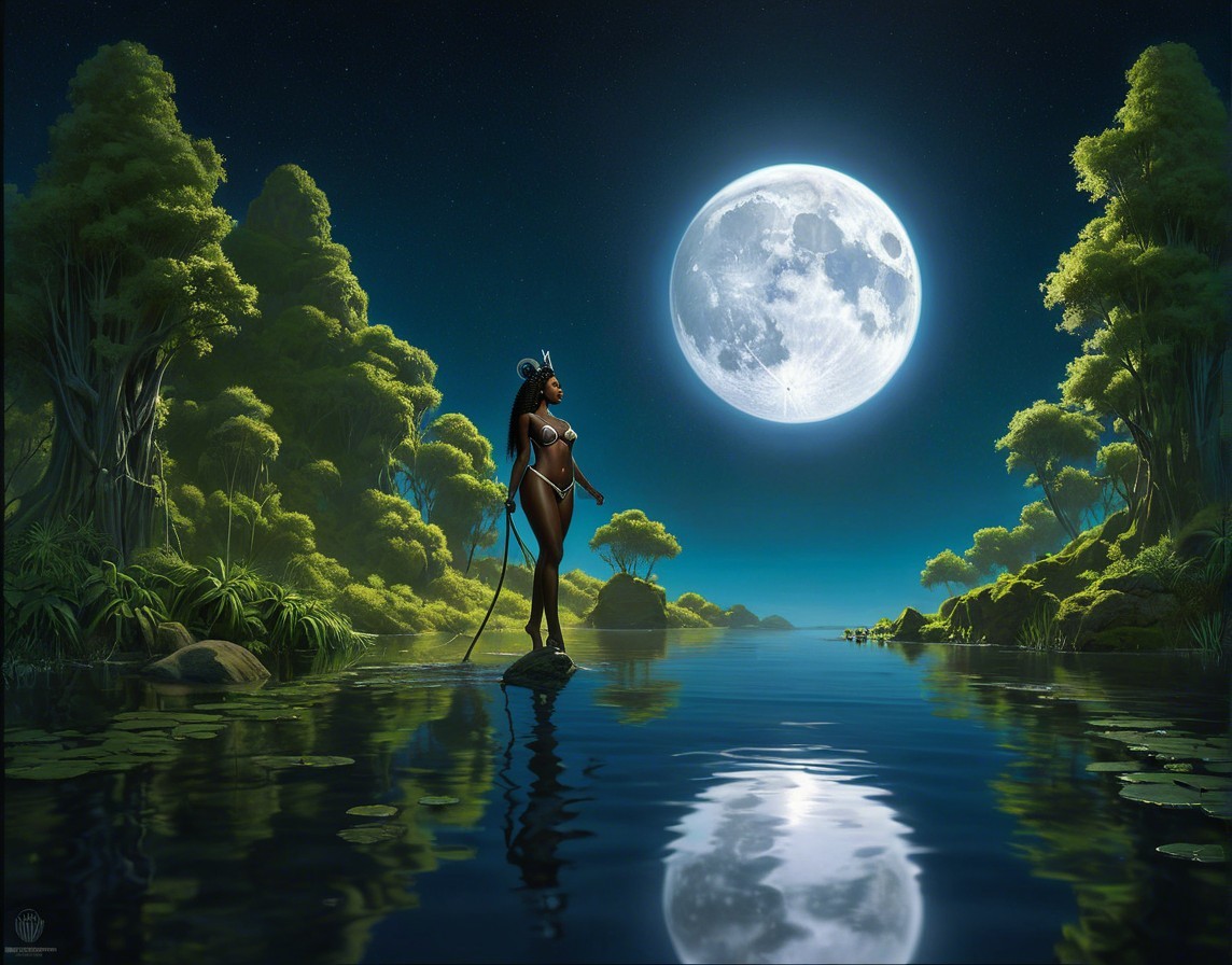 Moonlit River Scene with Tall Woman and Lush Trees