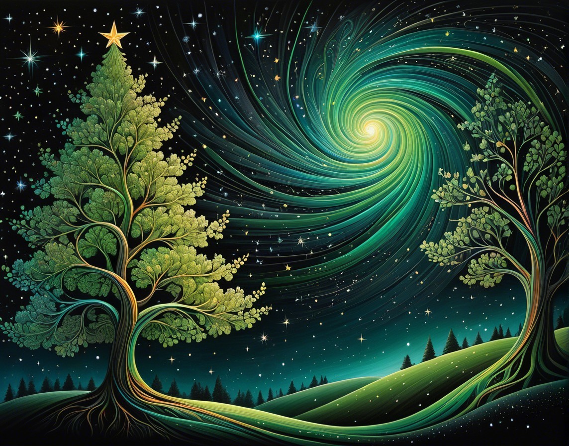 Swirling Galaxy with Vibrant Colors and Trees