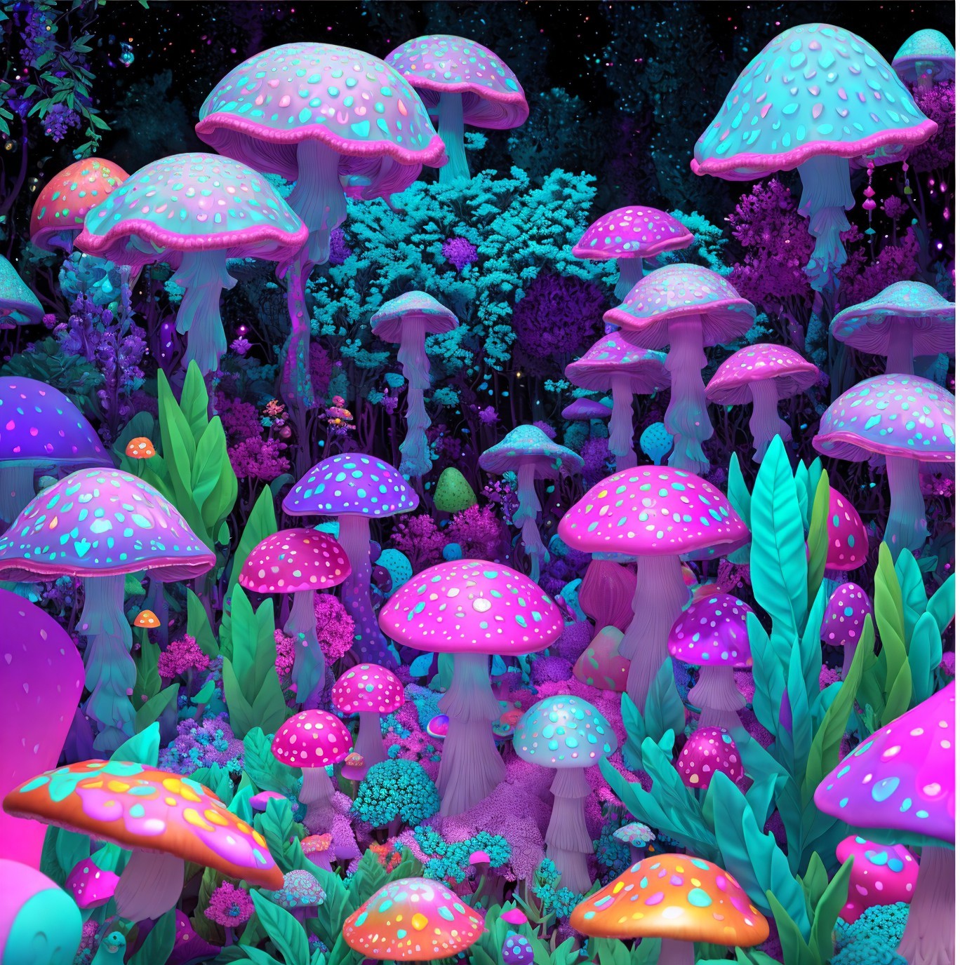 Vibrant landscape with oversized glowing mushrooms