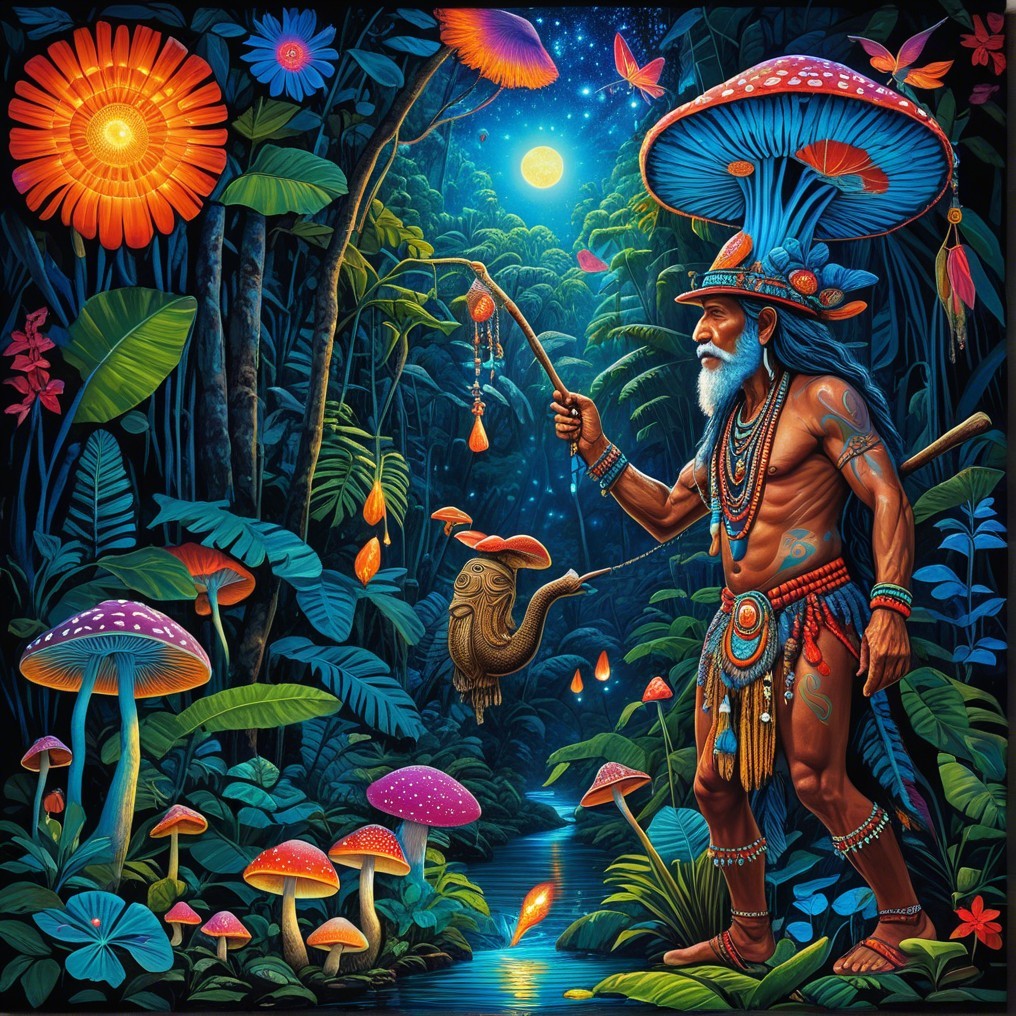 Mystical Jungle Scene with Tribal Figure and Butterflies
