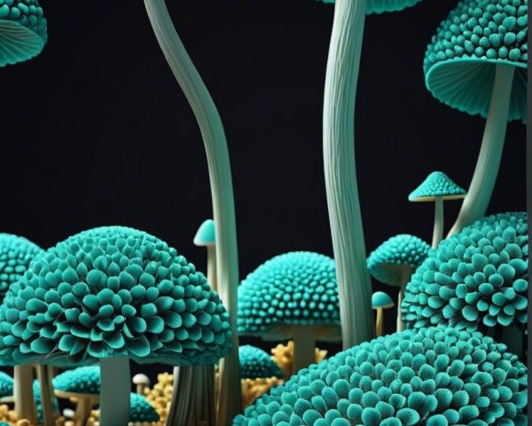 Surreal Landscape of Vibrant Turquoise Mushrooms