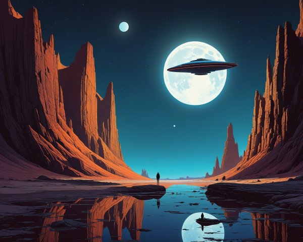 Extraterrestrial Landscape with Red Rocks and UFO