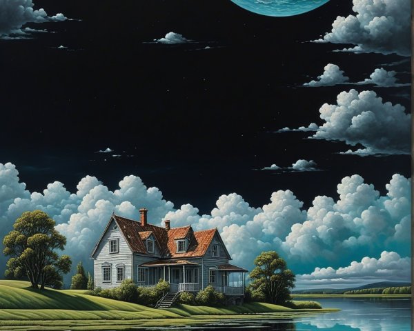Serene landscape with house by tranquil lake and clouds