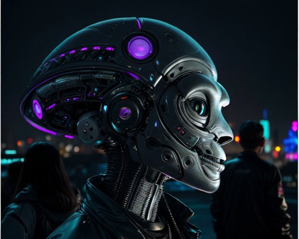 Futuristic Humanoid Robot in Nighttime Cityscape
