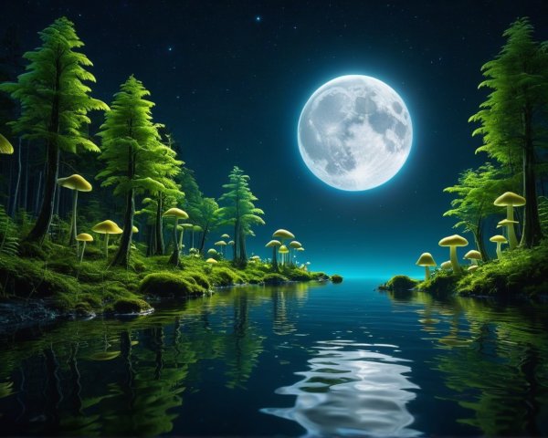 Serene Nighttime Landscape with Moonlit River and Trees