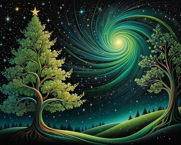 Swirling Galaxy with Vibrant Colors and Trees