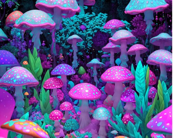 Vibrant landscape with oversized glowing mushrooms