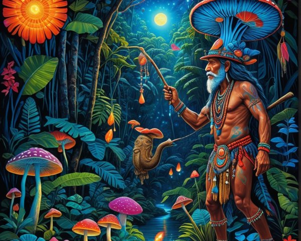 Mystical Jungle Scene with Tribal Figure and Butterflies