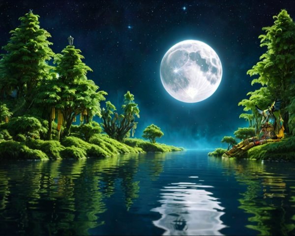 Serene Landscape with Full Moon and Tranquil River