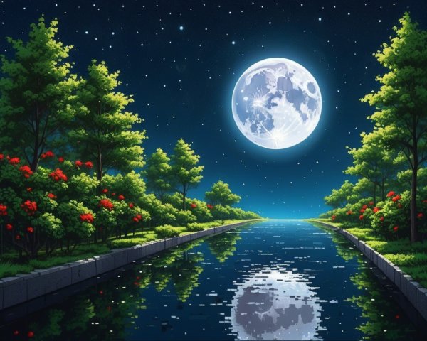 Serene Nighttime River Scene with Moon and Flowers