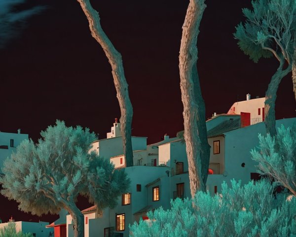Surreal Night Landscape with Trees and Quaint Buildings