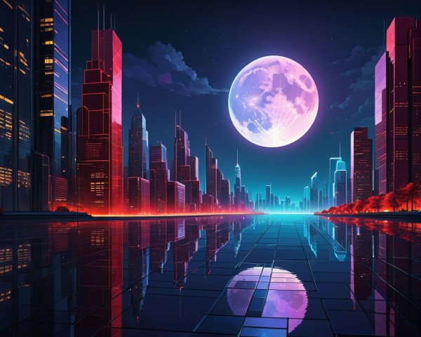 Futuristic Cityscape Under Luminous Moon and Stars