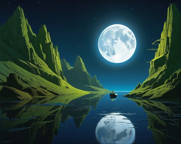 Serene Landscape with Full Moon and Jagged Cliffs