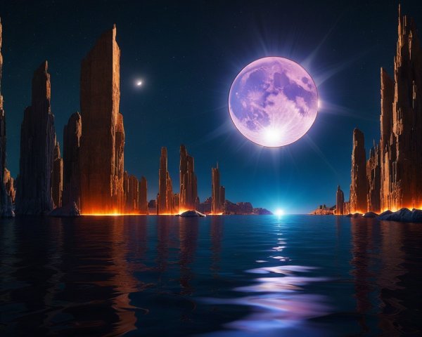 Surreal Landscape with Towering Rocks and Luminous Moon