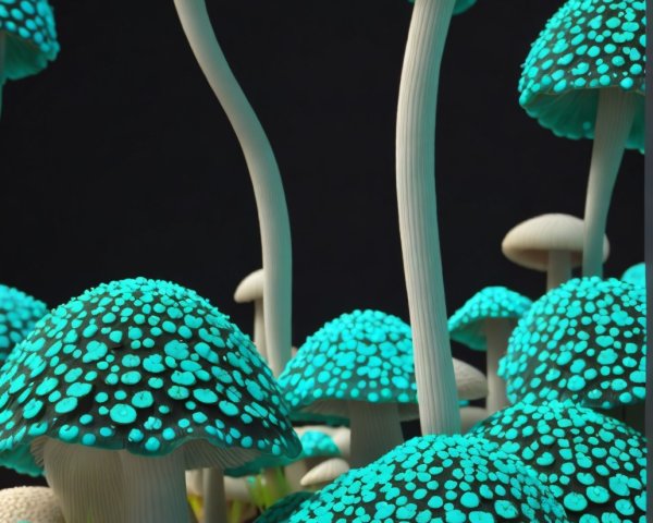 Vibrant Teal Mushrooms with Glowing Blue Speckles