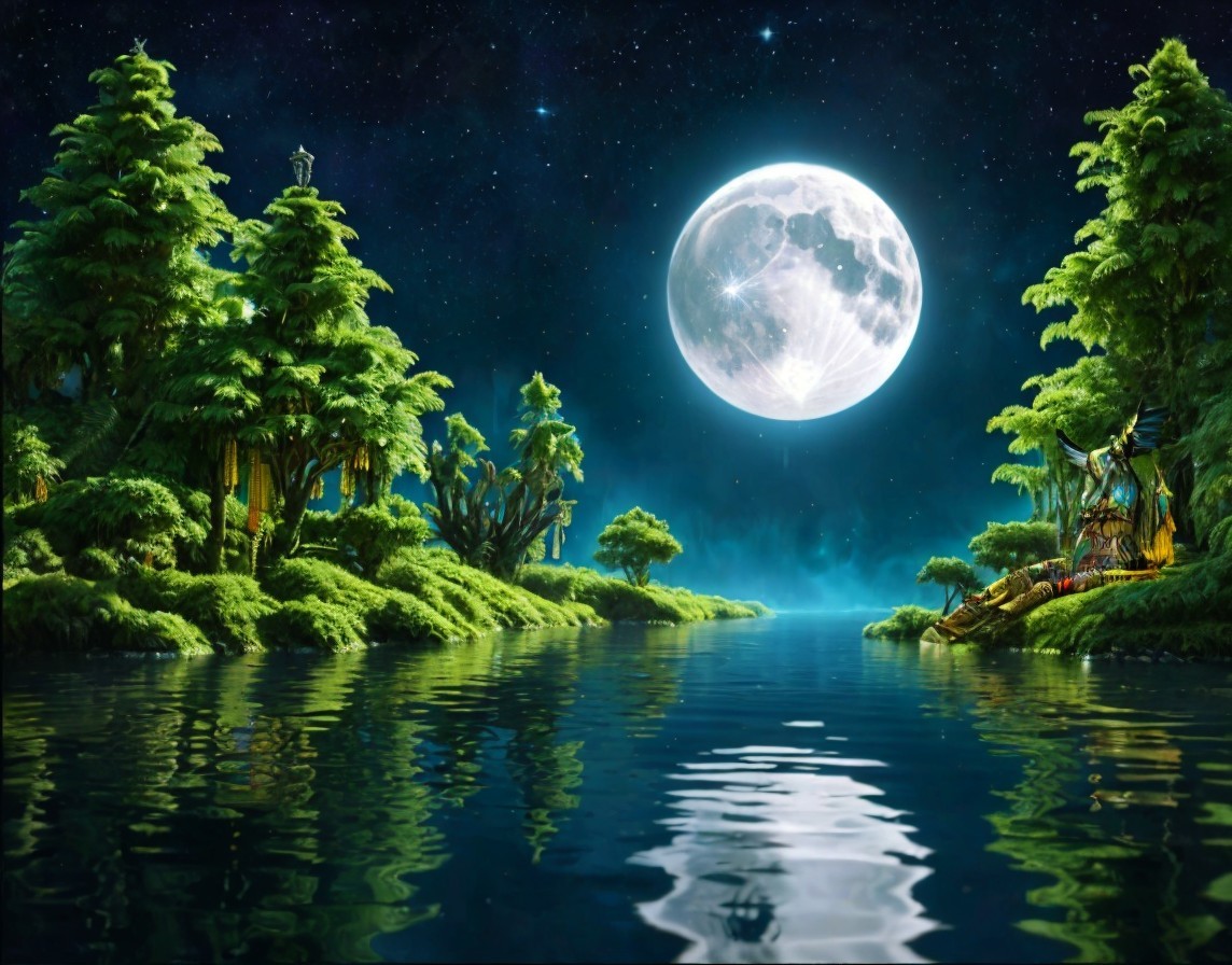 Serene Landscape with Full Moon and Tranquil River