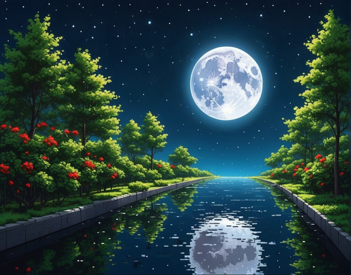 Serene Nighttime River Scene with Moon and Flowers