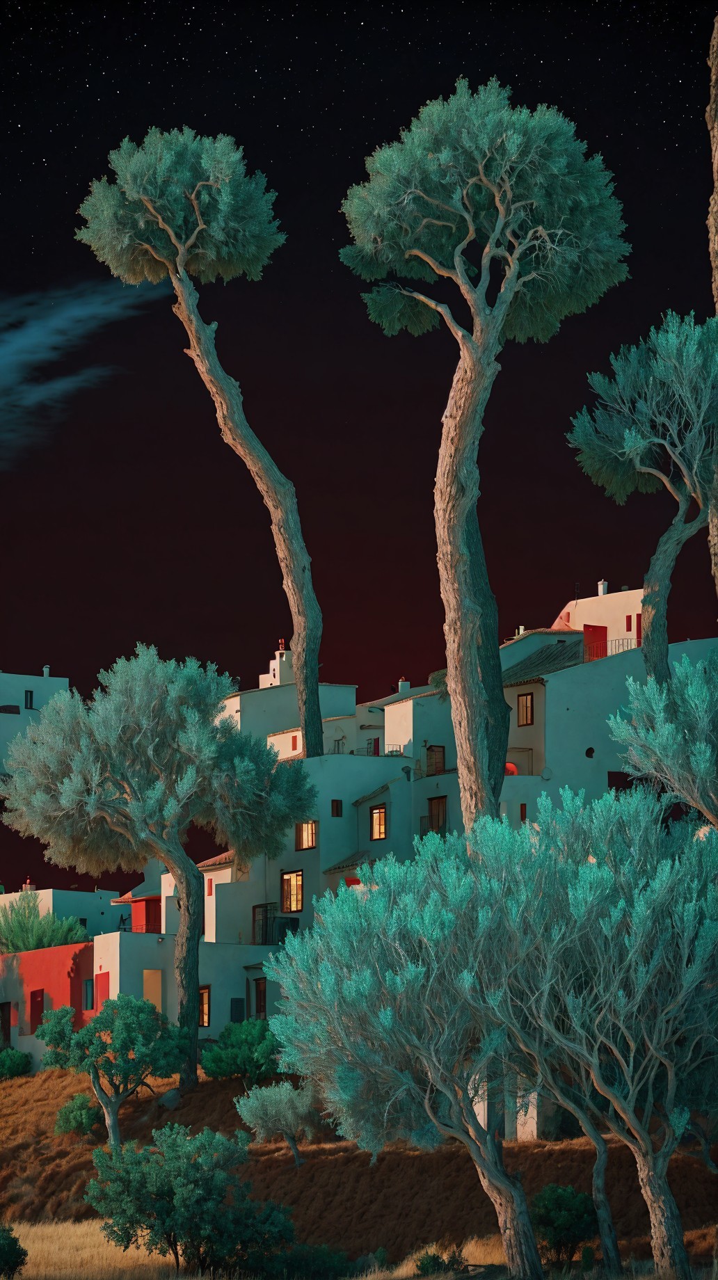 Surreal Night Landscape with Trees and Quaint Buildings
