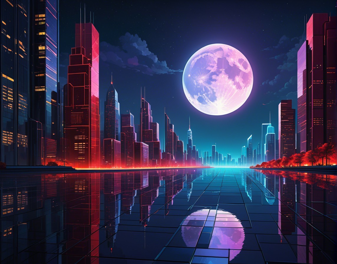 Futuristic Cityscape Under Luminous Moon and Stars