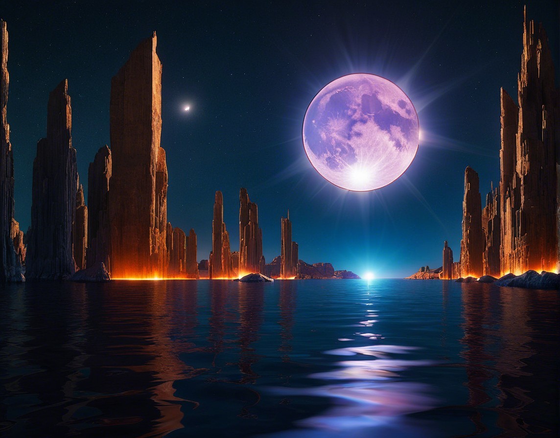 Surreal Landscape with Towering Rocks and Luminous Moon