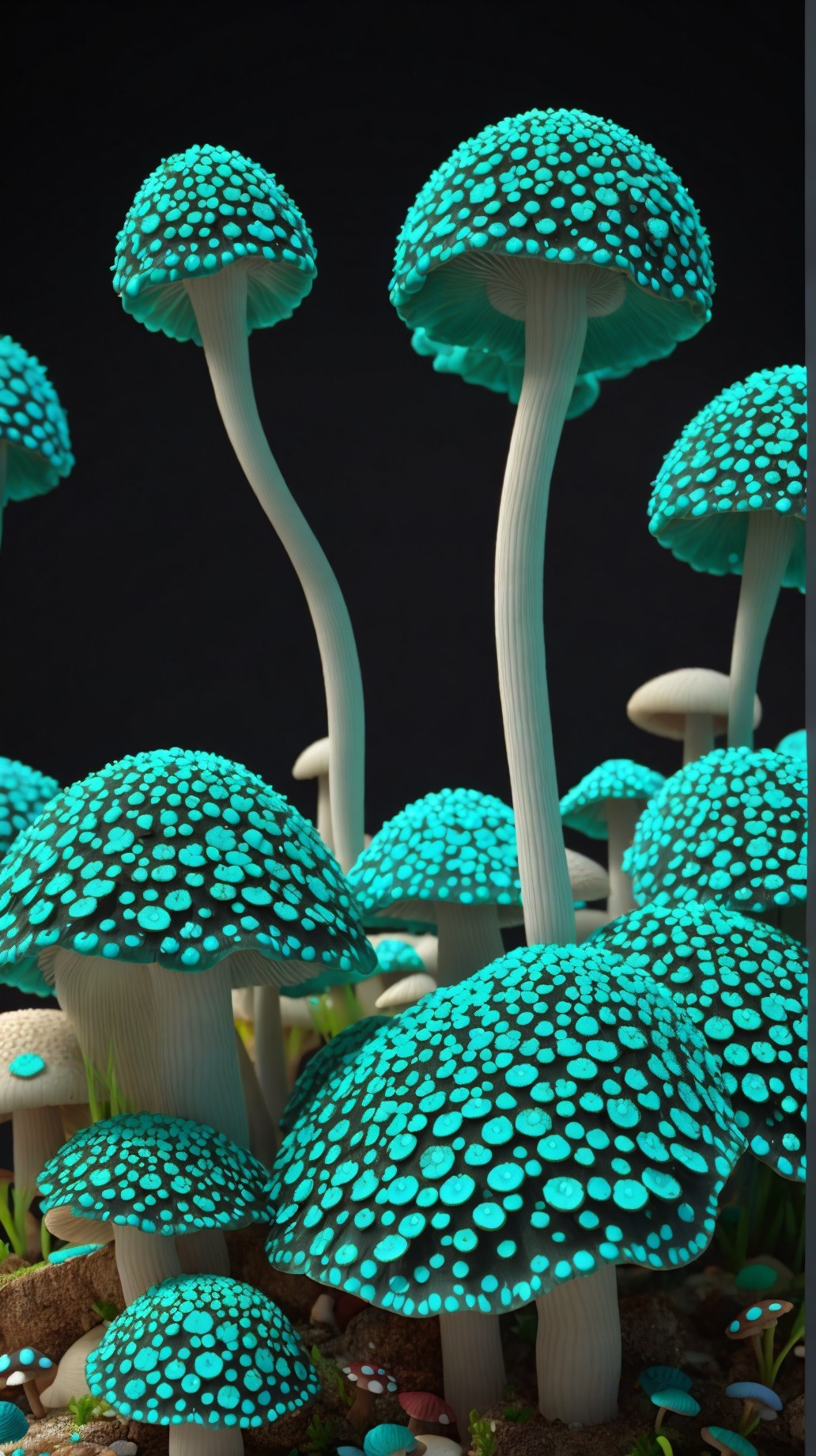 Vibrant Teal Mushrooms with Glowing Blue Speckles