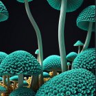 Vibrant Teal Mushrooms with Glowing Blue Speckles