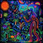 Mystical Jungle Scene with Tribal Figure and Butterflies