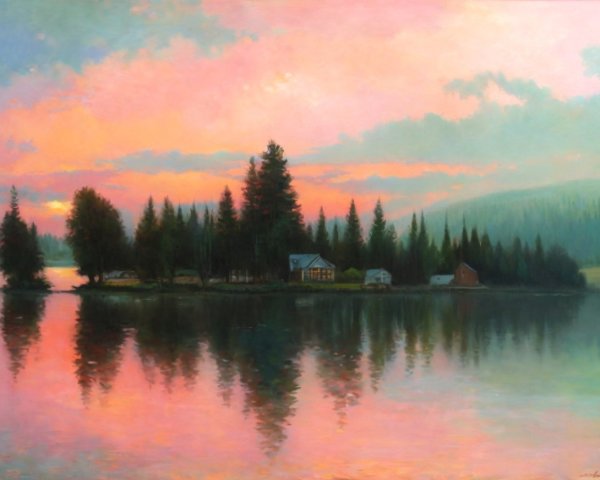 Tranquil Lake Sunset Landscape with Evergreen Island