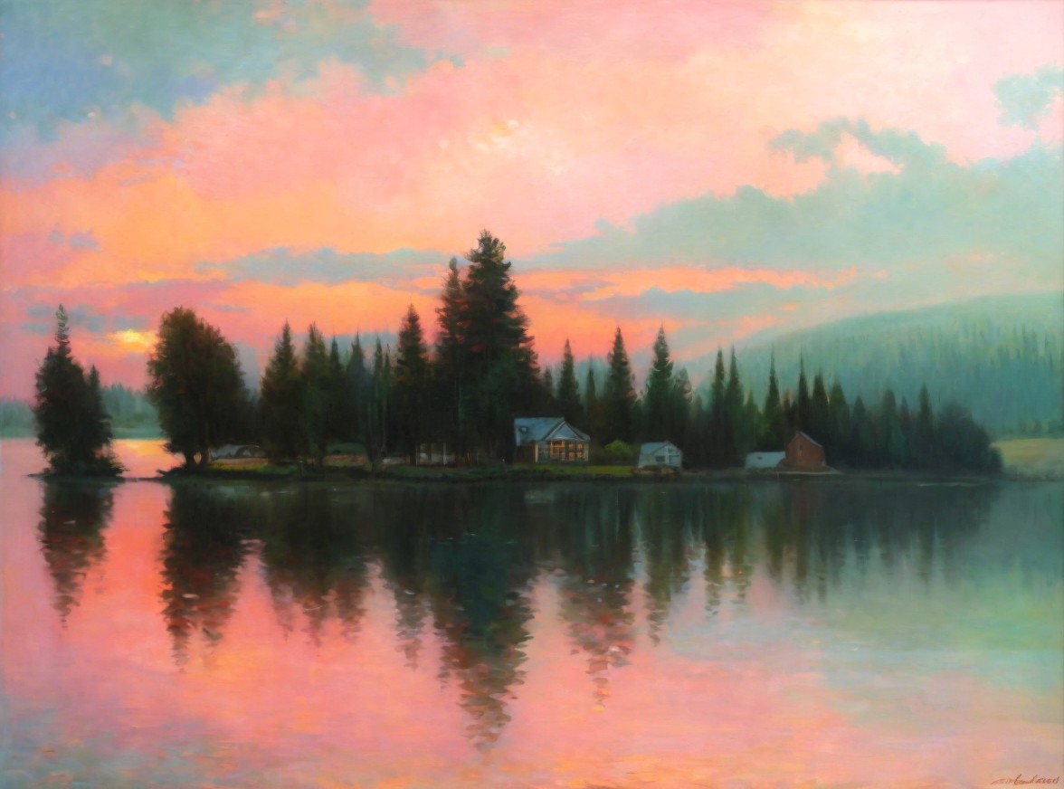Tranquil Lake Sunset Landscape with Evergreen Island
