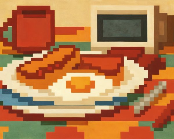 Pixelated Breakfast Scene with Retro Digital Aesthetic