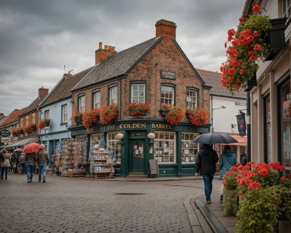 Charming Street Scene with Brick Building and Market