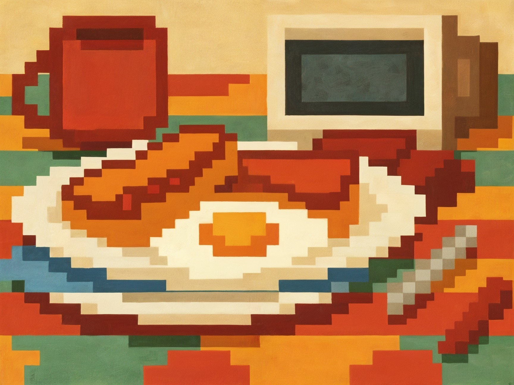 Pixelated Breakfast Scene with Retro Digital Aesthetic