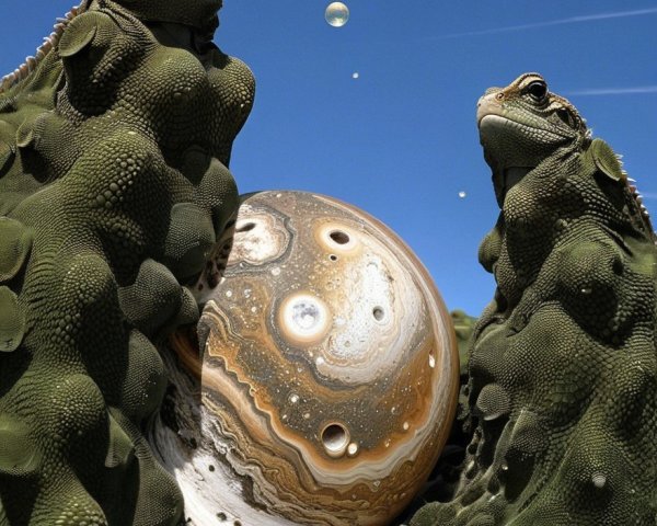 Textured Frogs and Jupiter-like Planet Under Blue Sky