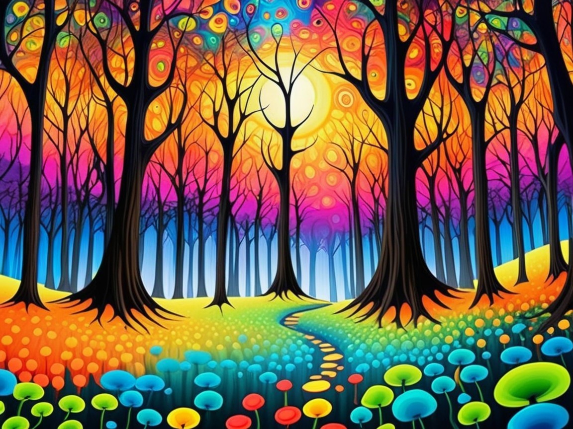 Surreal Forest Landscape with Colorful Sky and Meadow