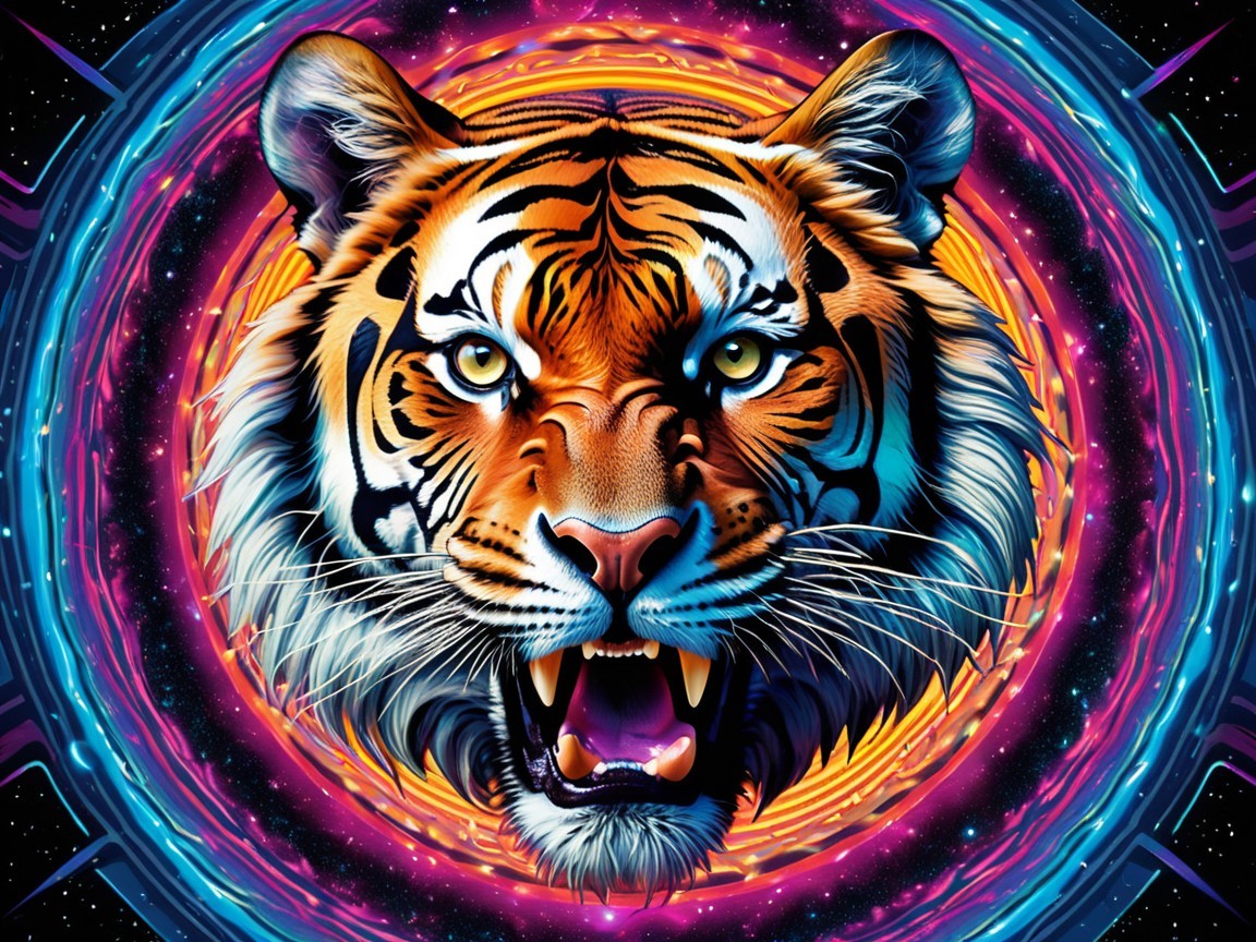 Vibrant Illustration of a Tiger's Head with Vortex Background