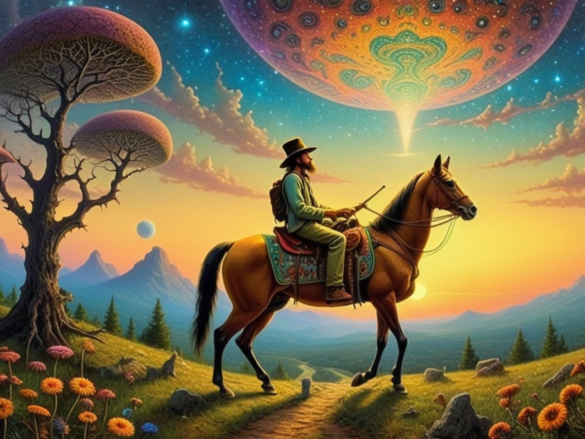 Cowboy Riding Horse Through Vibrant Wildflower Landscape