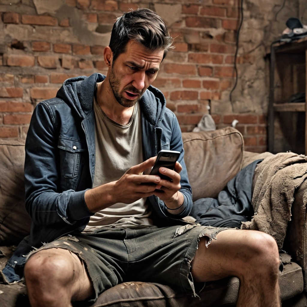Man Engrossed in Smartphone in Rustic Room Setting