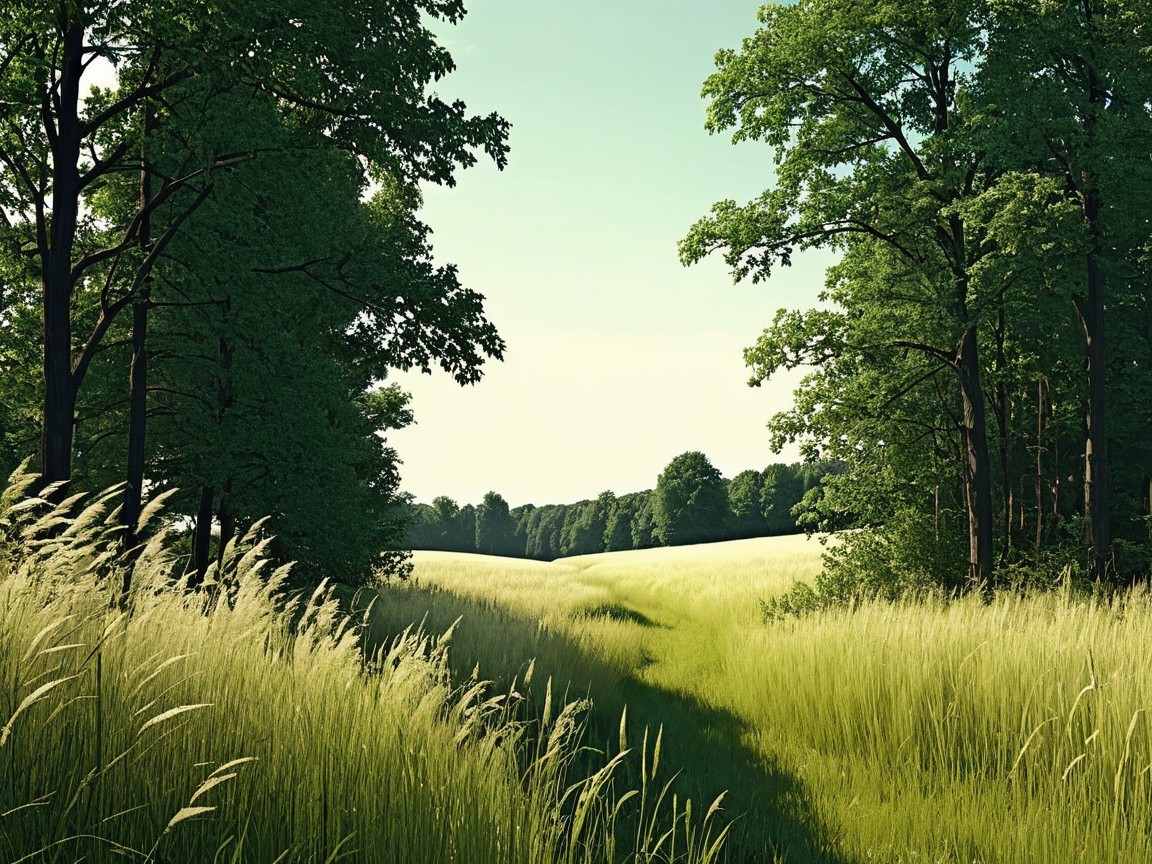 Serene Landscape with Lush Green Grass and Trees
